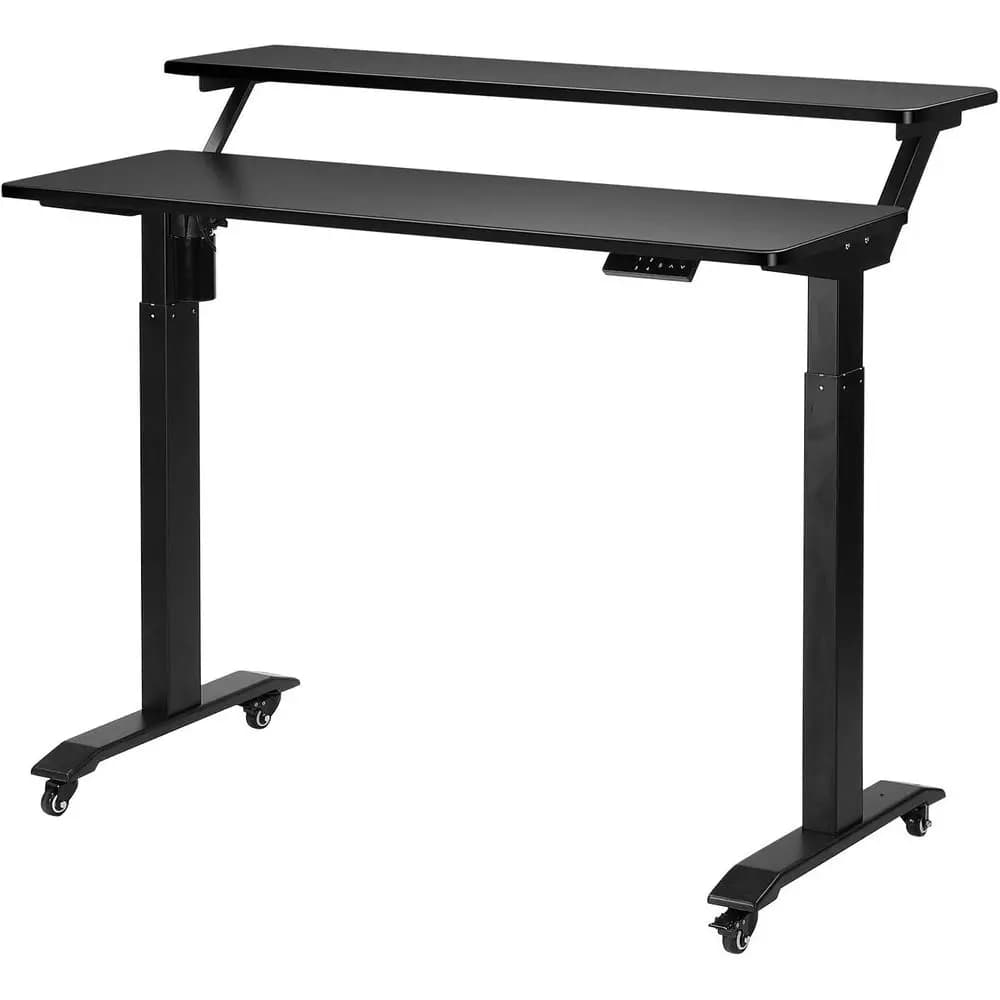 Adjustable 2 Level Electric Desk with Wheels, Height Adjustable Mobile Desk, Monitor Support, Ergonomic Computer Table for Home Office