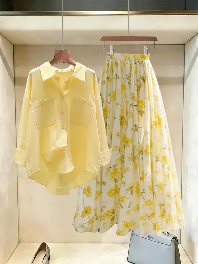 Dopamine Yellow Summer Atmosphere Loose Shirt High Waist Floral Half Skirt Two Piece Set Women's Fashion Sunscreen Clothing