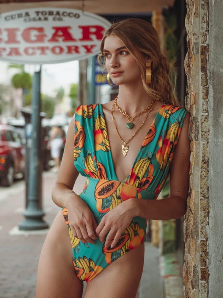 Costume da bagno intero sexy da donna con scollo a V profondo, push-up, a vita alta, stampato, collezione 2026