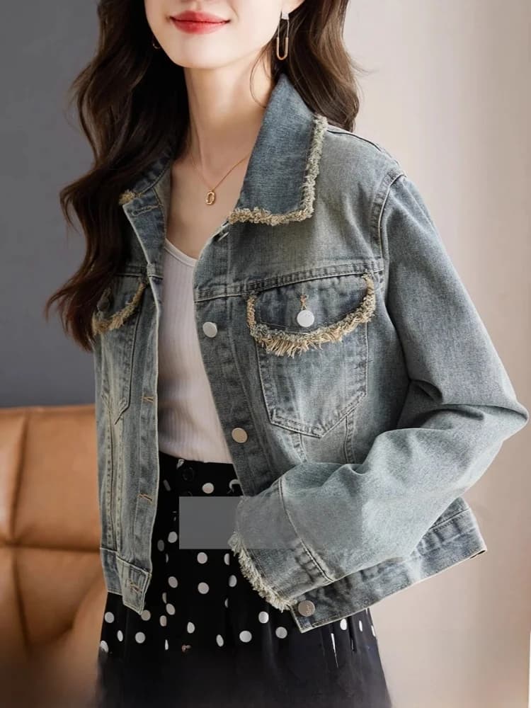 Retro Denim Short Jacket Women's Casual Spring Autumn Design Sensation Frayed Commute Style Straight Tube Jeans Coat