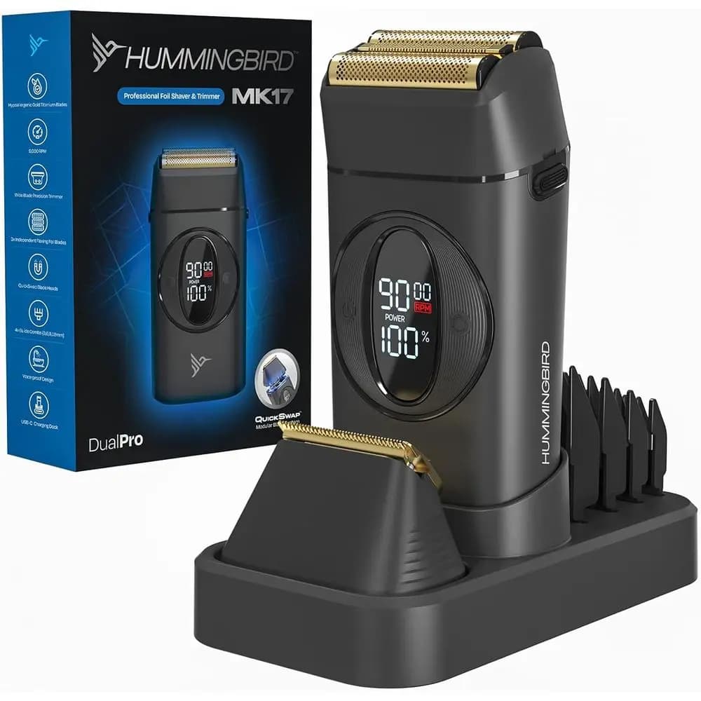 Rasoio e Regolabarba a Doppia Lama in Titanio - Alta Potenza, RPM Digitali, Corpo in Metallo, Ricarica USB-C, Utilizzo a Secco/Bagnato