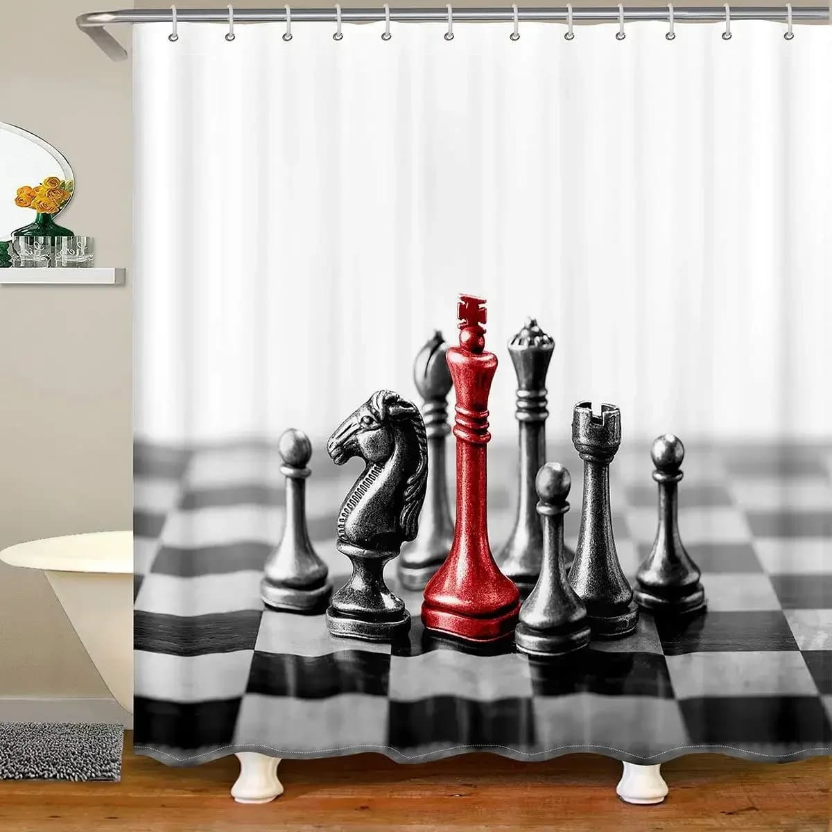 Tenda da doccia per scacchi Testa di cavallo Strisce per scacchi internazionali Tende da bagno Scacchiera Gioco da tavolo impermeabile Set di tende da bagno