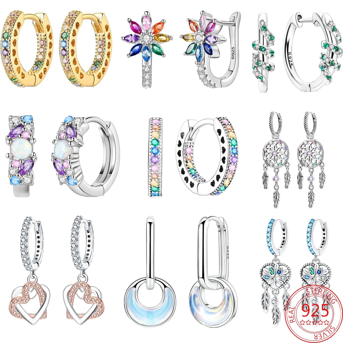 Hot Sales Original 925 Sterling Silver Earrings Dreamcatcher Moon Heart Flower Stud Earrings Women Jewelry Accessories Gift