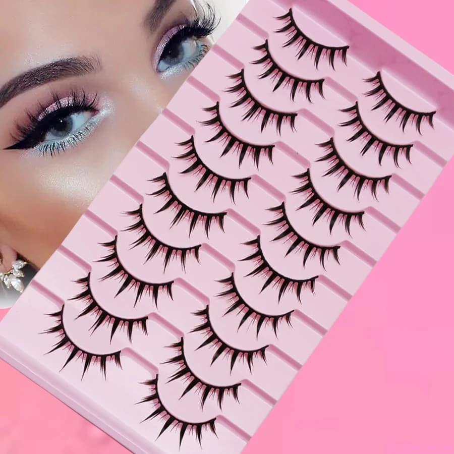 Suitable for beginners! 10 pairs of natural eyelashes for exhibitions and special occasions | Cross-point design and black stem, long-lasting curling
