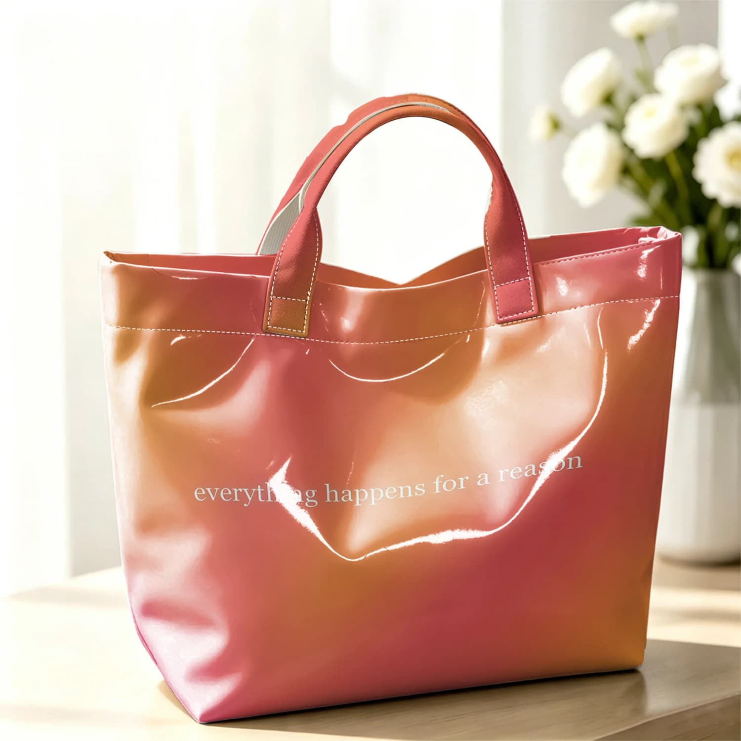 Everything Happens Cute Large Glossy PVC Tote Bag Hand Washable Lightweight Soft Great for Travel Commute Makeup Storage Handbag
