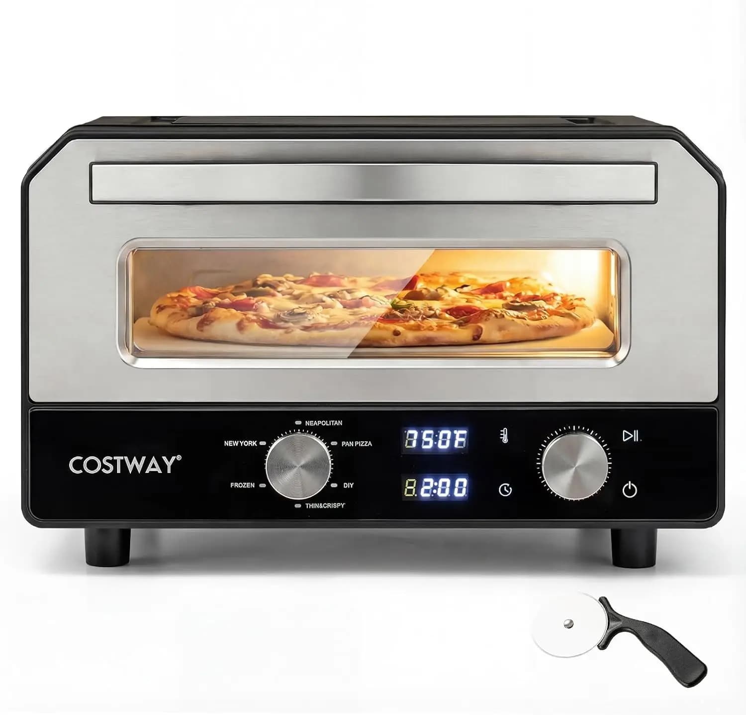 Electric Countertop Pizza Oven for 12-Inch Pies, 1700W Power Heats to 750°F in 2 Minutes, 6 Presets, Includes Pizza Stone & Cutt