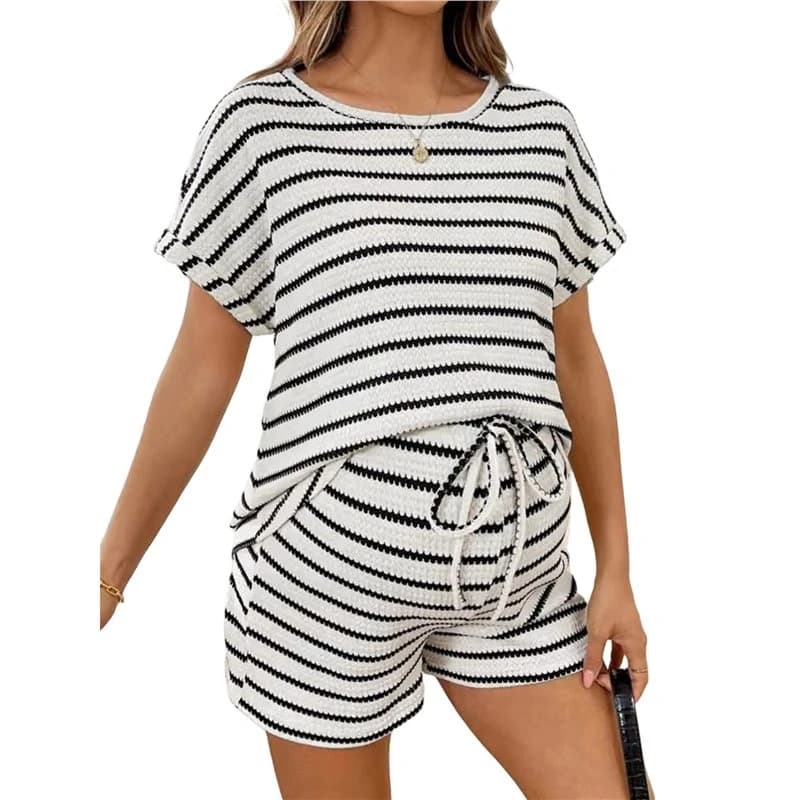 AS96-Womens Maternity 2 Piece Outfits Striped Crew Neck Short Sleeve Tee And Shorts Pregnancy Sets White S