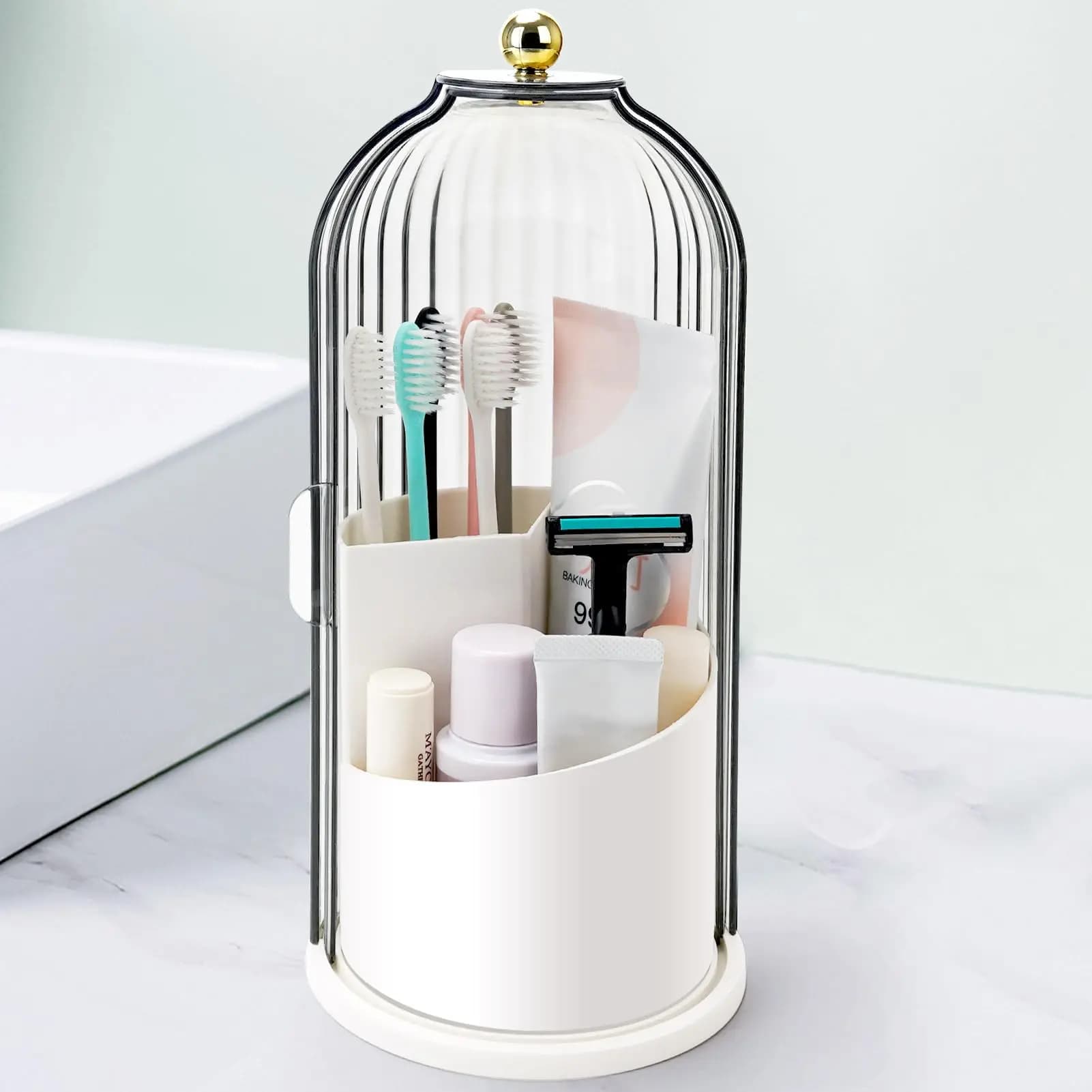 Portaspazzolino con coperchio scorrevole, ripiano girevole per organizer da bagno a 3 slot, porta dentifricio per spazzolino da bagno