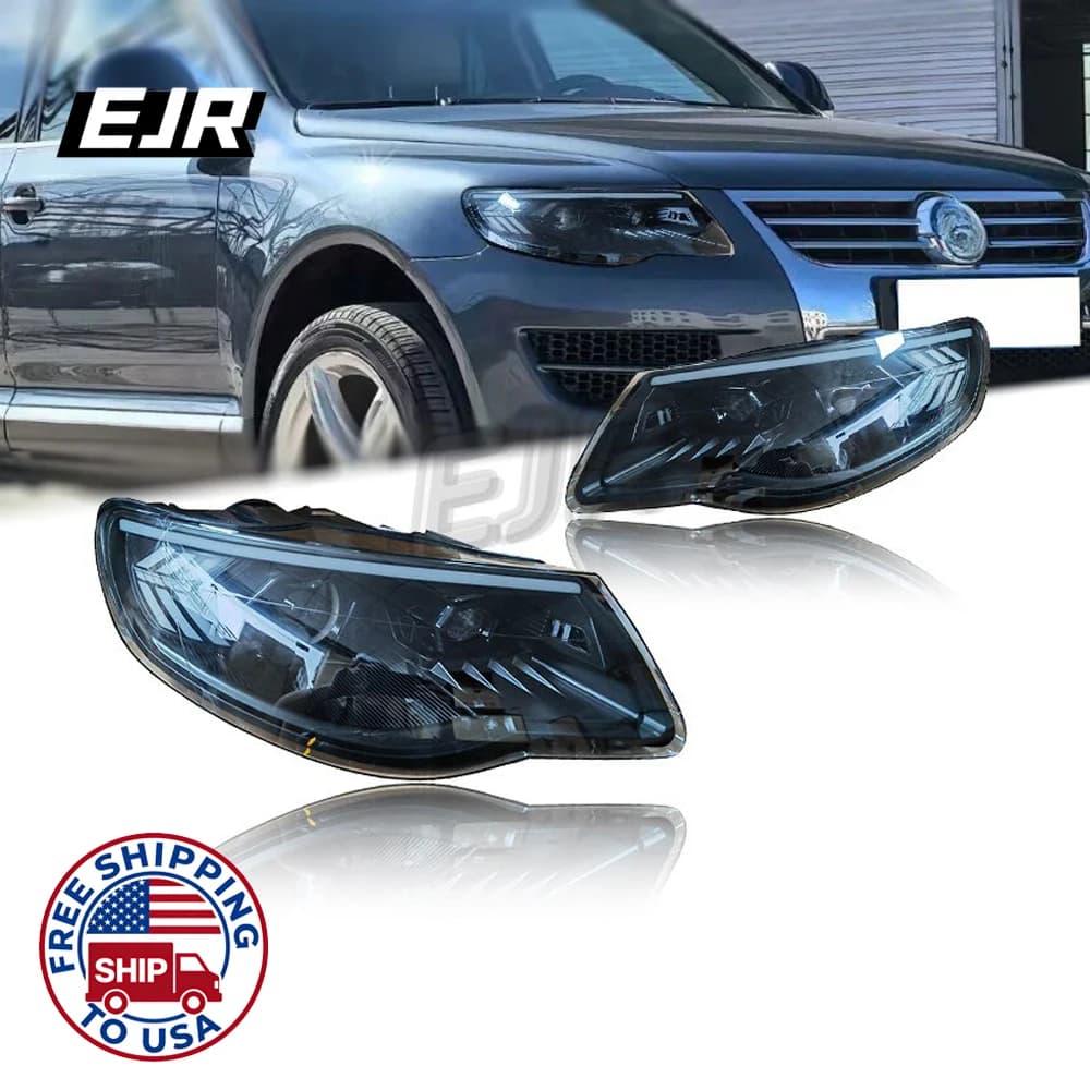 Fari a LED EJR per Volkswagen VW Touareg 2007-2010, fari anteriori da vecchio a nuovo modello, a doppia lente LED, con indicatori di direzione e luci di guida.