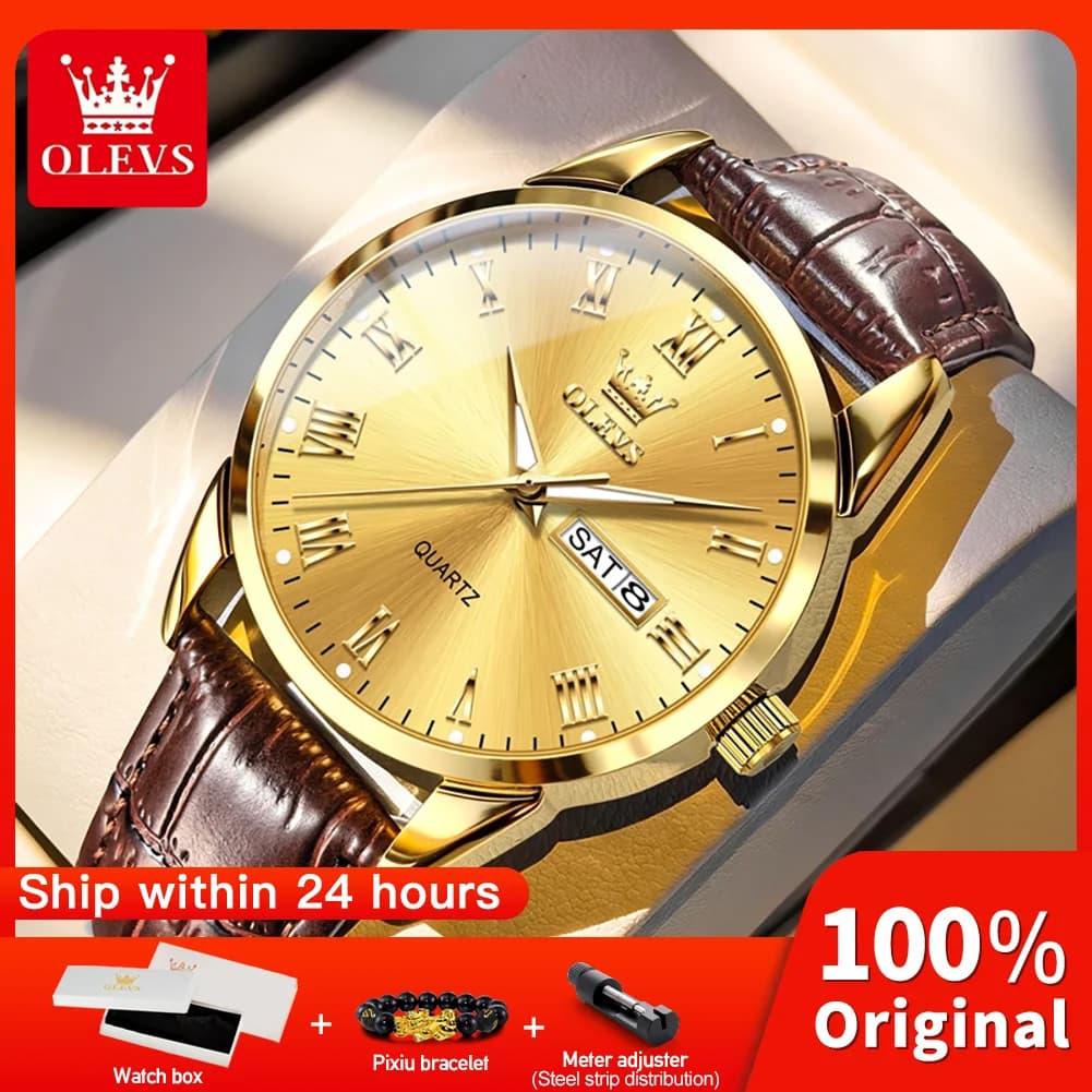 OLEVS 5892 Orologio al Quarzo per Uomo e Donna con Funzione Luce Notturna, Cinturino in Pelle, Impermeabile 30m, Display con Finestrella Calendario