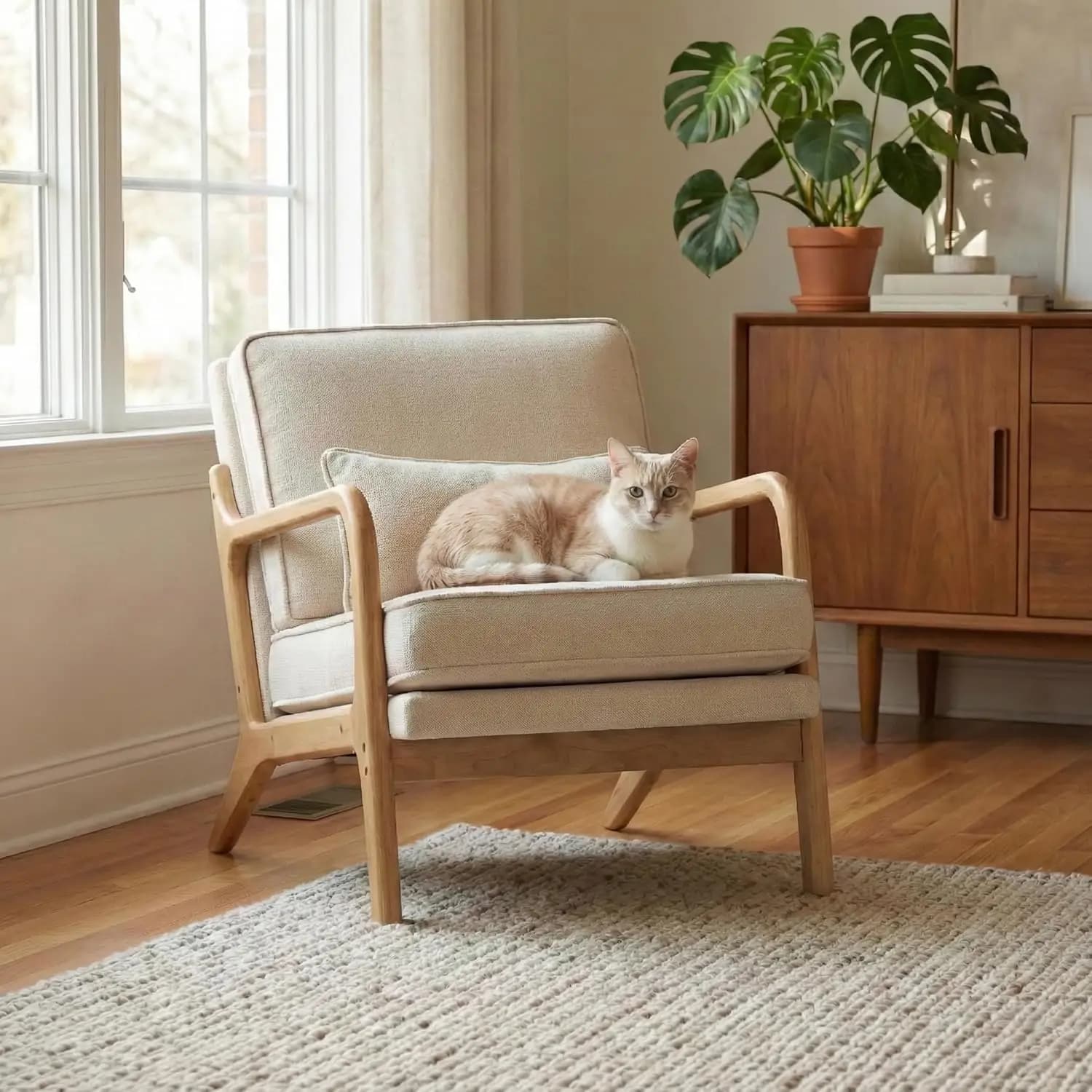 Poltrona Moderna in Stile Mid-Century, Sedia Imbottita in Legno con Cuscino Lombare e Cuscino Morbido Rimovibile, per Lettura, Personalizzabile