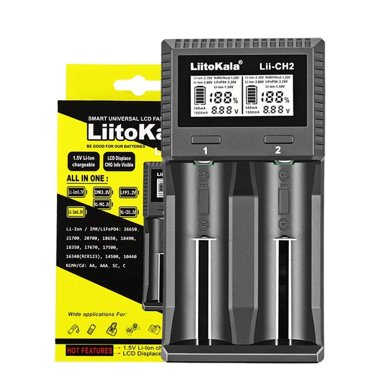 Liitokala Lii-CH2 1.5V Li-ion Battery Charger for NiMH LiFePO4 3.7V 1.2V 3.2V Compatible with 18650 21700 26650 14500 26700 1835