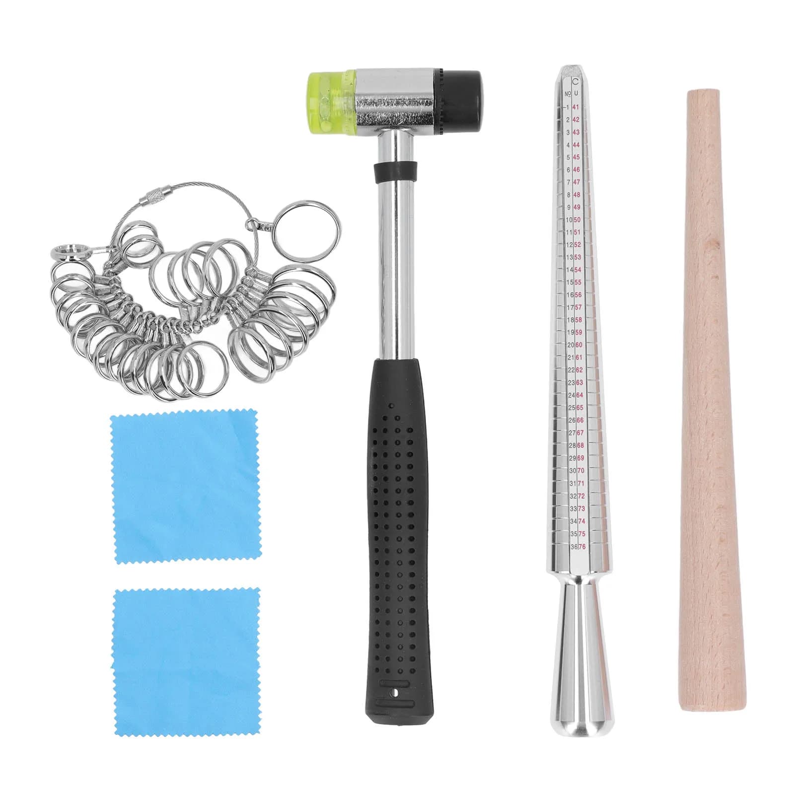 Ring Sizer Set Aluminum Finger Sizing Gauge Polishing Wood Mandrel Rubber Hammer US Size Ring Kit for Jewelry Making
