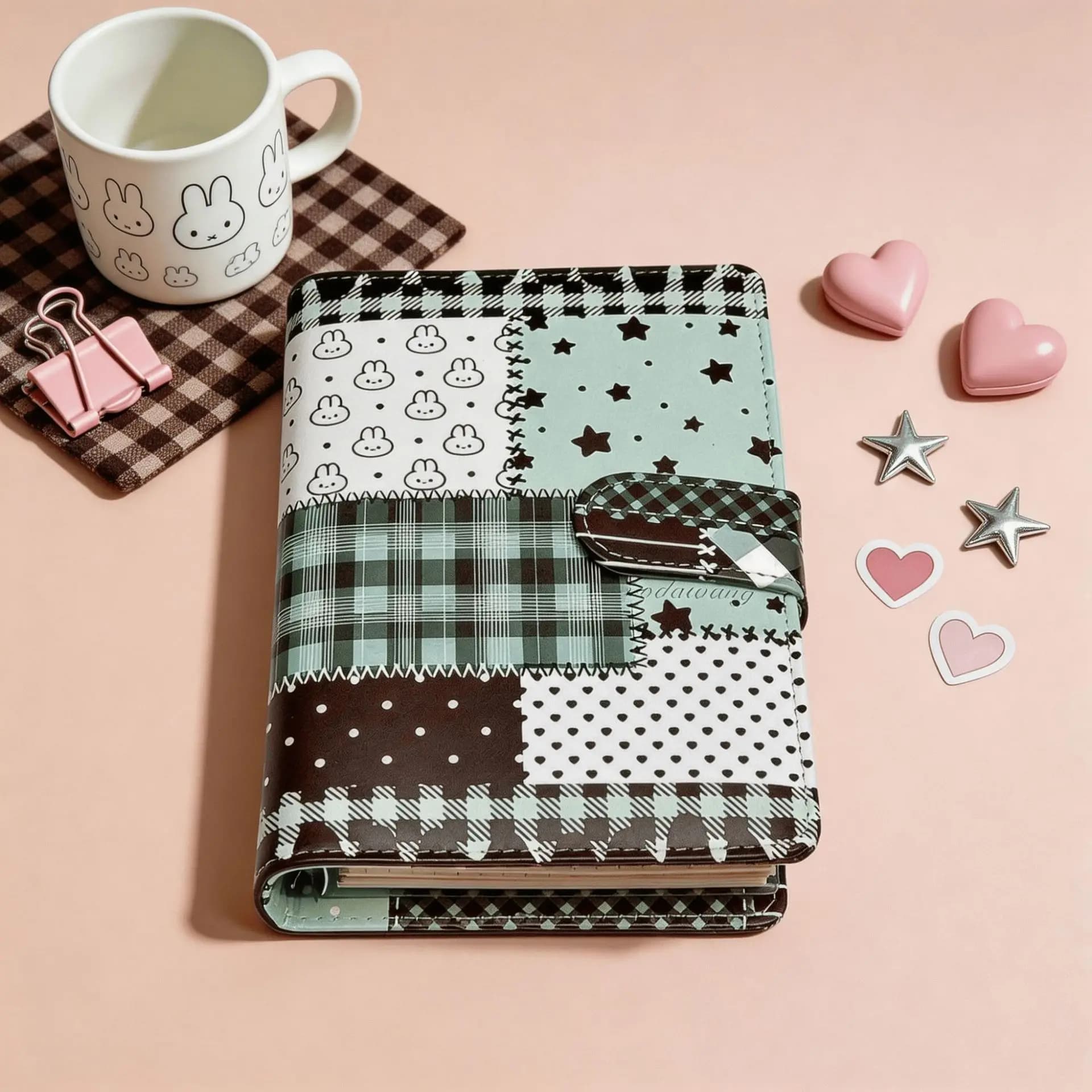 A6 Green Spliced Grid Notebook Loose Leaf Notebook PU Student Portable DIY Photocards Collect Book Diary Planner Stationery