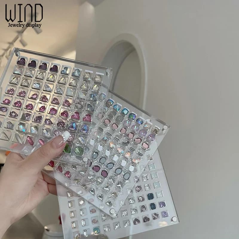 Crystal diamond stone jewelry box for acrylic nail art, transparent, empty, for display of nail rhinestones, for beauty salon