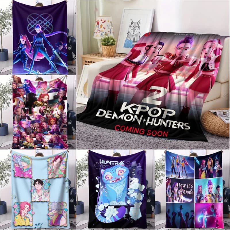 Coperta in flanella a tema K-POP Demons Hunter, coperta con stampa anime, regalo per fan, coperta calda e casual
