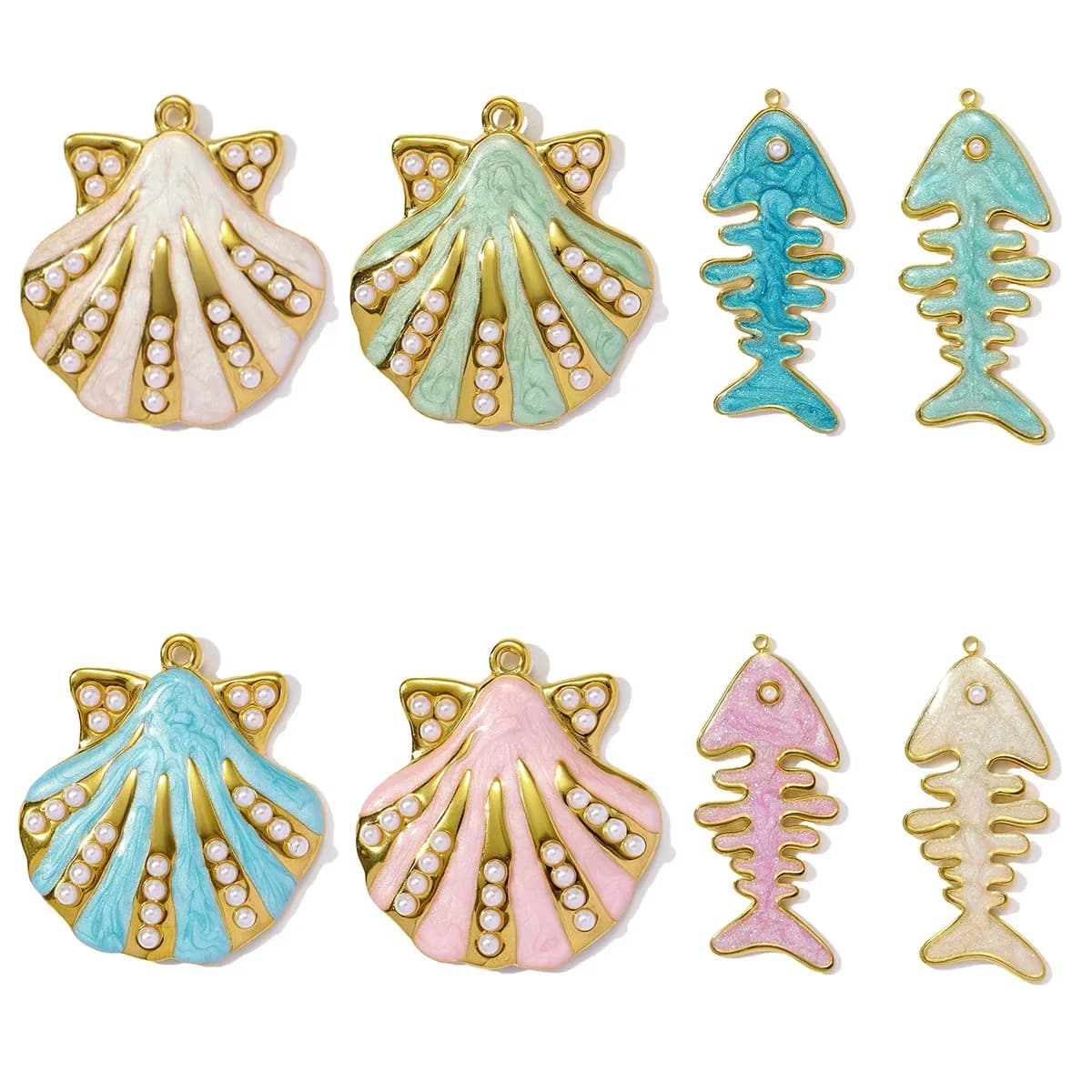 3pcs/Lot Wholesale Stainless Steel Enamel Sea Pearl Shell Diy Earring Charms Woman Fish Bone Necklace Pendants Ocean Jewelry