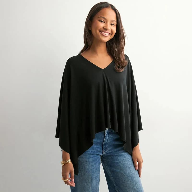 Top femminile con scialle nero largo Top da donna pullover tendenza autunno scollo a V comodo ed elegante camicetta T-shirt oversize top casual solidi