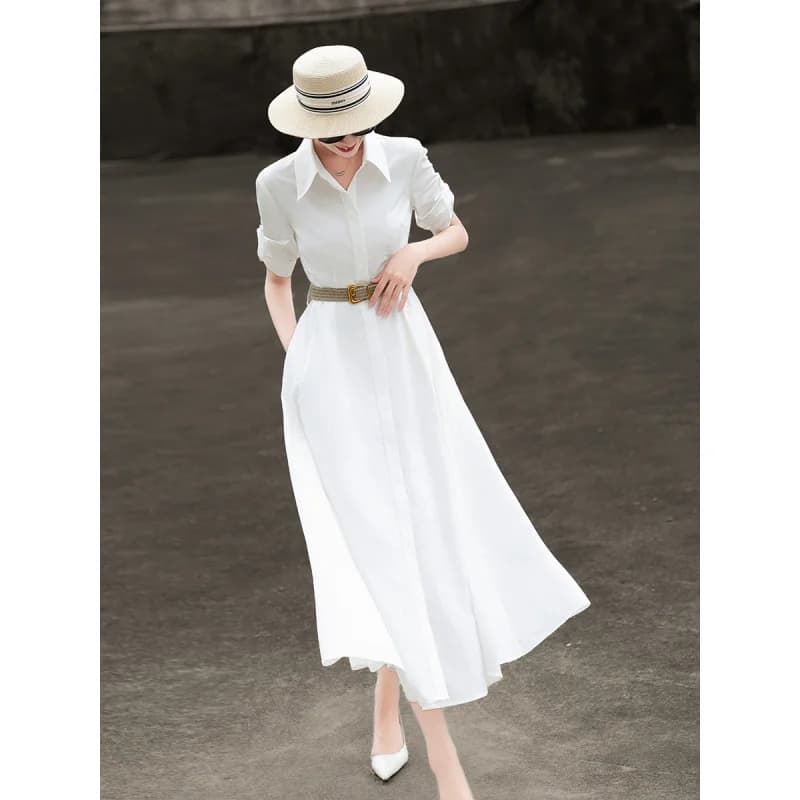 MEXCOCO 2026 Summer Lapel Shirt Maxi Dress Rollable Sleeve Belted Waist Pocket Elegant Commuter Formal Women Outfit