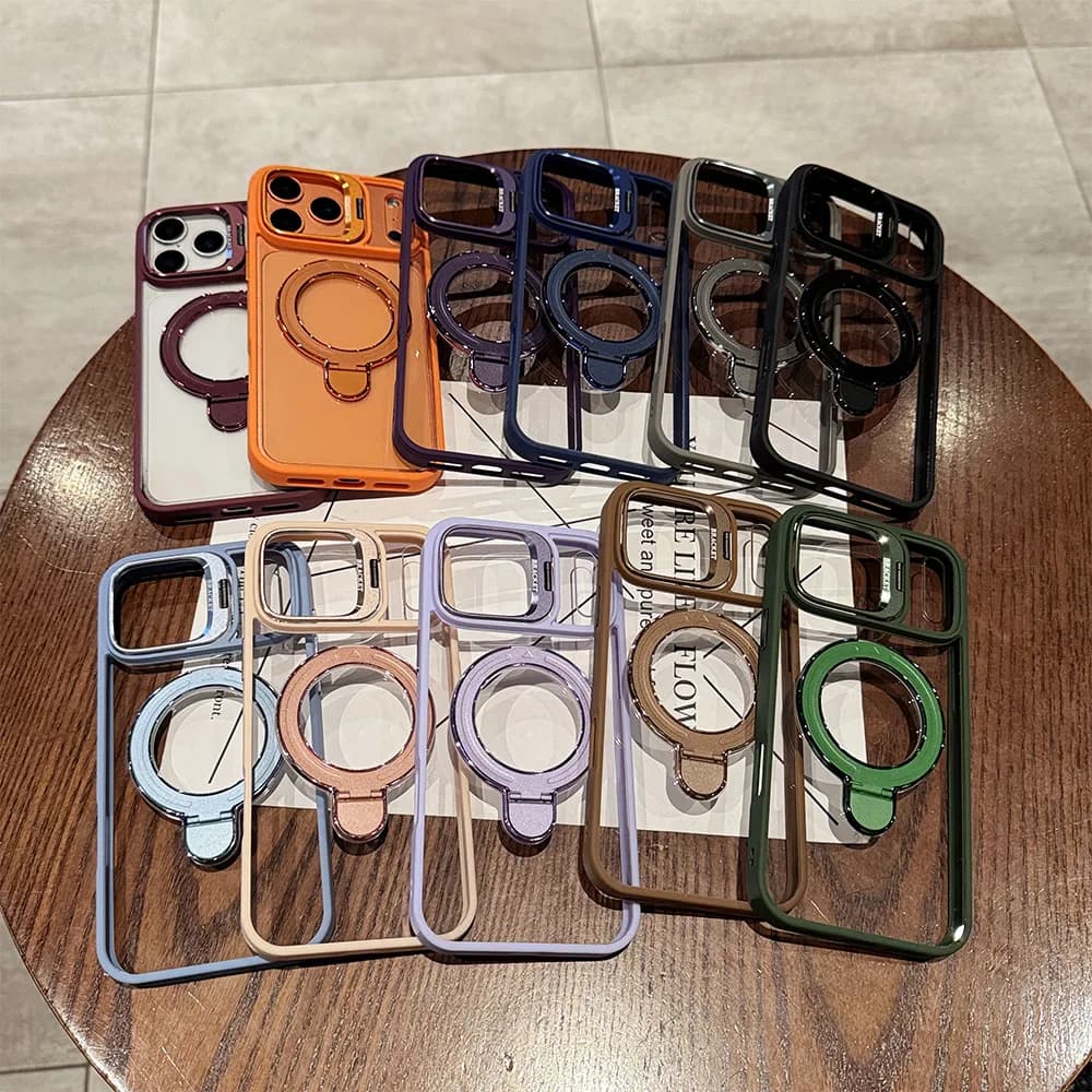 Double Bracket Magnetic Stand Case For iPhone 15 Pro Max 16 17 14 Plus 13 12 11 For Magsafe Shockproof Transparent Hard PC Cover