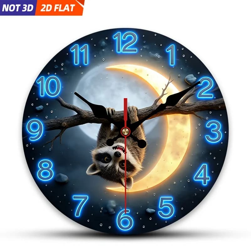 2D Piatto. 1 pezzo. Orologio da parete a tema procione per una notte al chiaro di luna, silenzioso e decorativo. Un'aggiunta creativa per la tua camera da letto e il tuo soggiorno