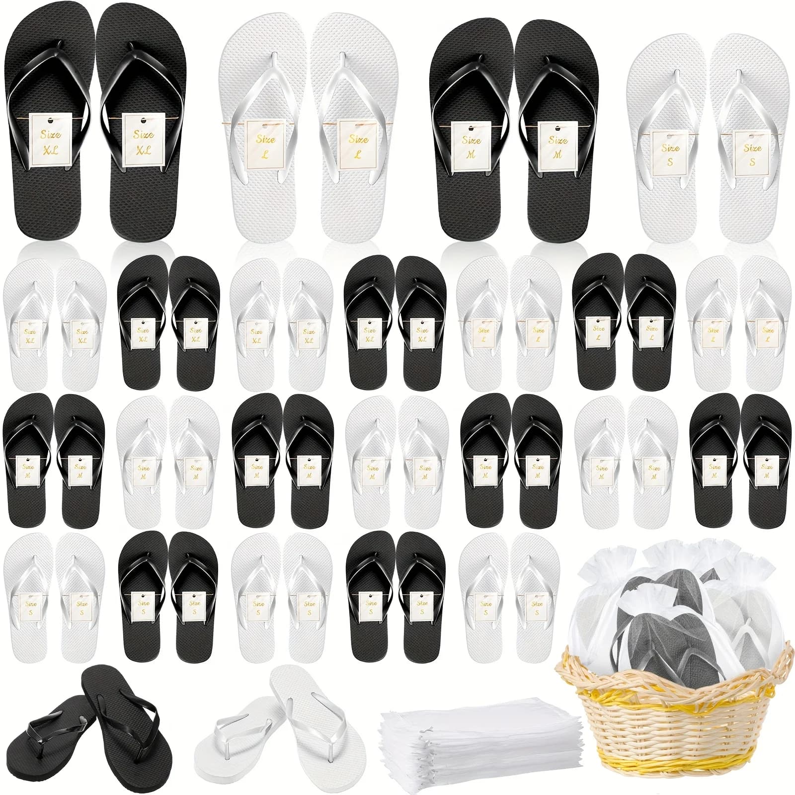 24 Pairs Wedding Guest Flip Flops with Coordinating Bags & Thank-You Cards – Lightweight PE Slippers for Pool, Beach, or Outdoor Celebrations | White and Black Design | Soft Sole, Easy to Carry, Thoughtful Favor Set