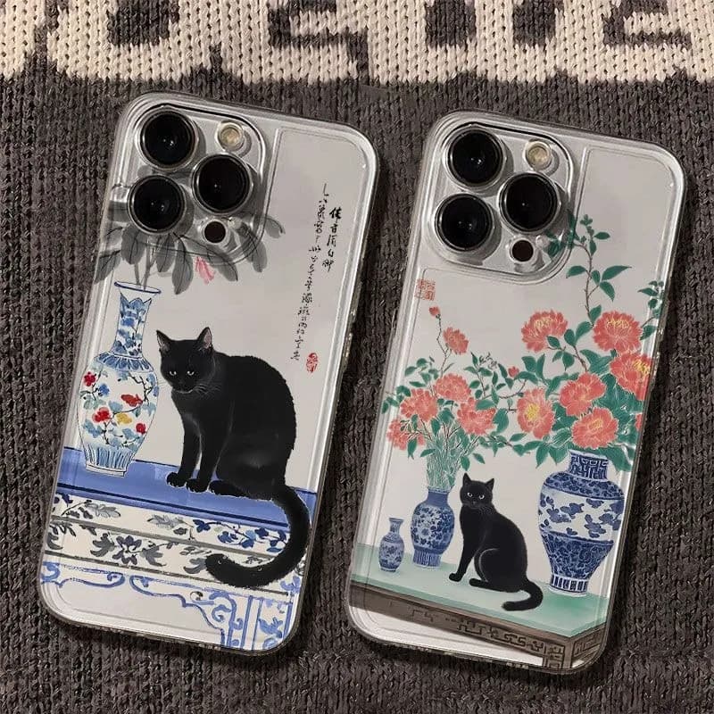 Custodia Morbida per iPhone con Gatto Nero e Vaso in Stile Cinese alla Moda per iPhone Air 17 Pro Max 16 Plus 15 14 13 12 11 Pro Max