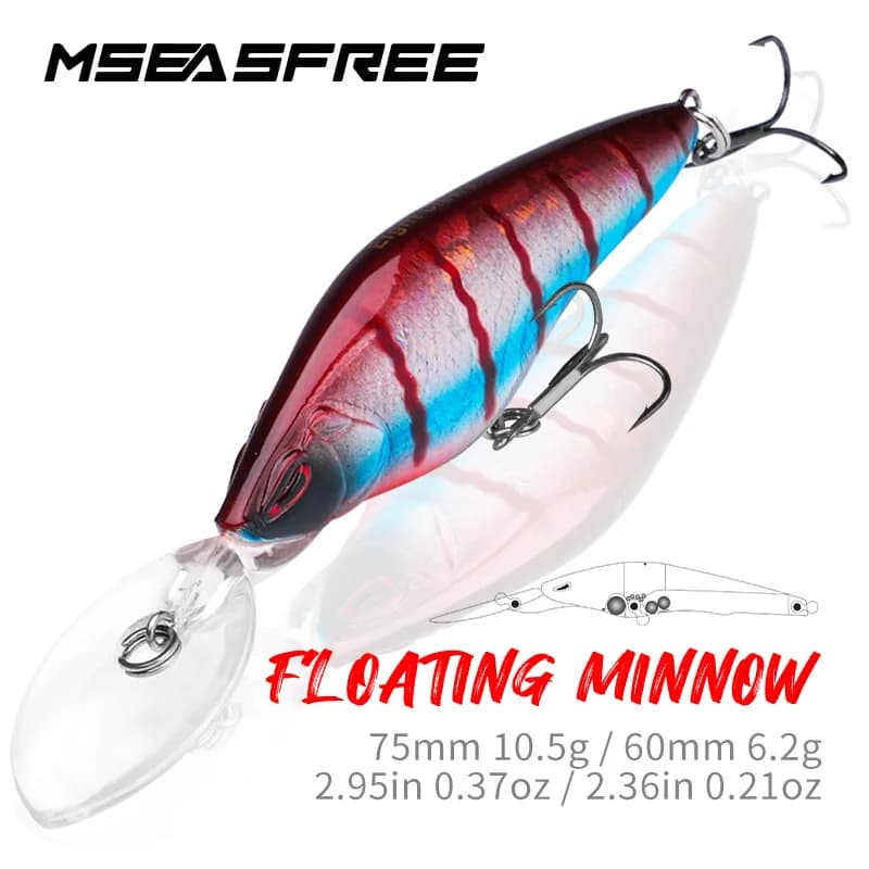 MSEASFREE Minnow Lure Floating Wobblers 75mm 10.5g / 60mm 6.2g sonaglio Bass Pike Fishing Lure esca artificiale esca d'acqua dolce