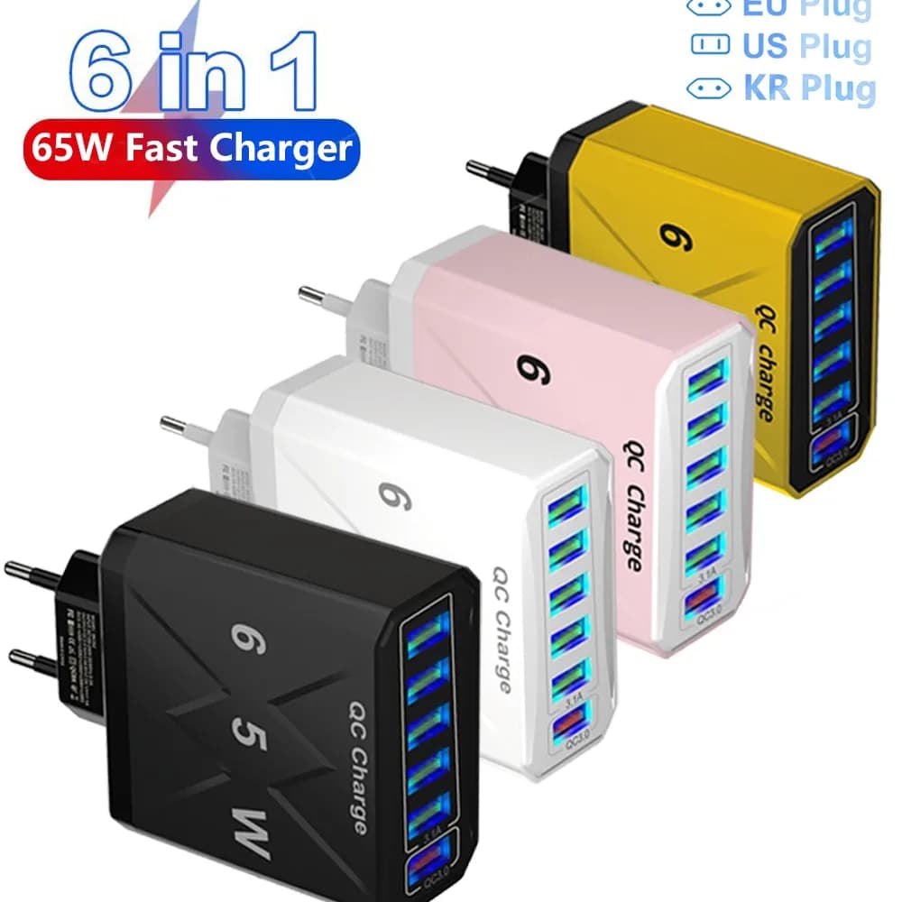 Caricatore da Viaggio 6 in 1 a Ricarica Rapida, Totale 65W, Adattatore da Parete Quick Charge 3.0 per iPhone Huawei Xiaomi, Caricatore Multiplo con Spina US EU KR