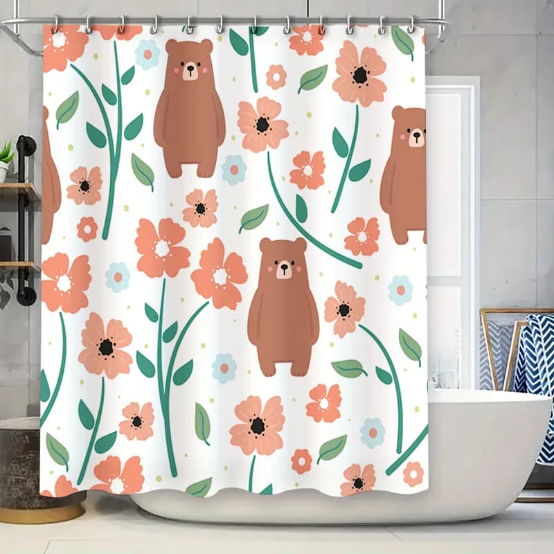 Adorabile tenda da doccia con animali dei cartoni animati con fiori per l'arredamento del bagno Modello di orsi rosa Accessori per la casa in tappeti da bagno Tappetini per