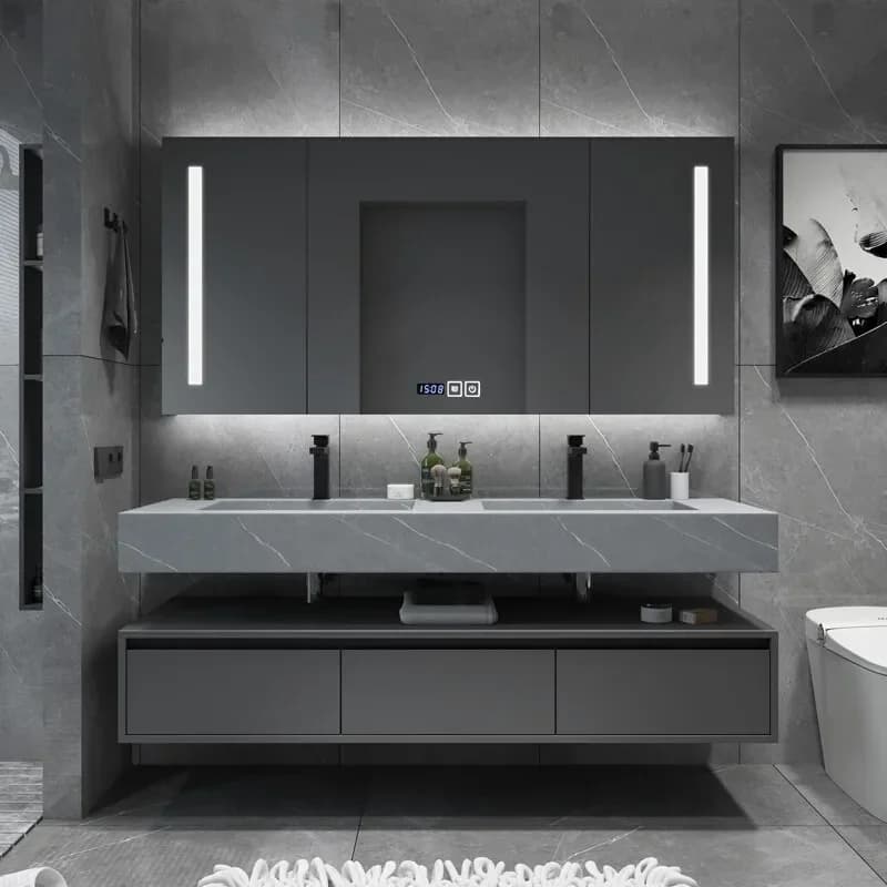 Armadi da bagno con piastra in roccia di lusso nordica Armadietti da bagno con rimozione della nebbia a parete Armadi a specchio intelligenti Mobili di moda Arredo Bagno FYBC