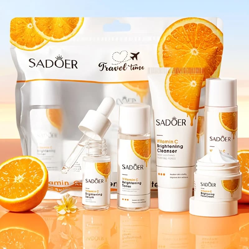 Travel Kit with Vitamin C in Mini Size, 5 Pieces Skincare Set, Hydrating, Includes Face Detergent, Tonic, Lotion, Serum