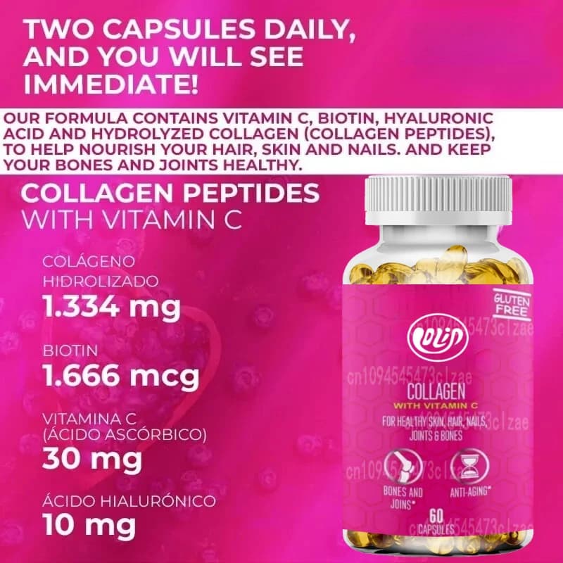 Vitamin C collagen peptide supplements, biotin and hyaluronic acid
