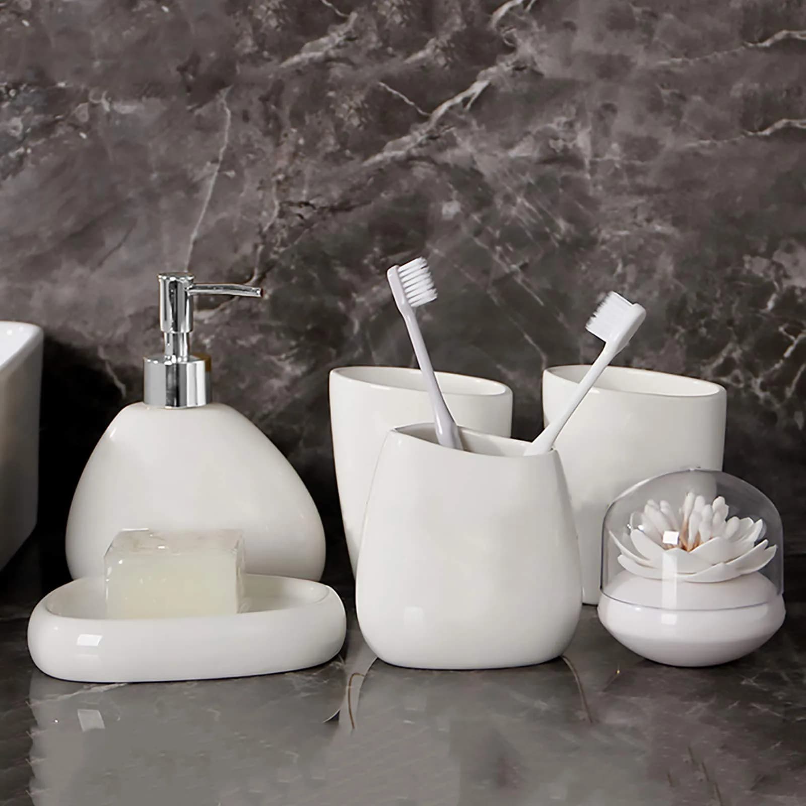 Set di Accessori per Bagno in Ceramica, Set Lussuoso da Appoggio per Bagno, Dispenser Sapone, Porta Spazzolini, Portasapone, Accessori per Bagno