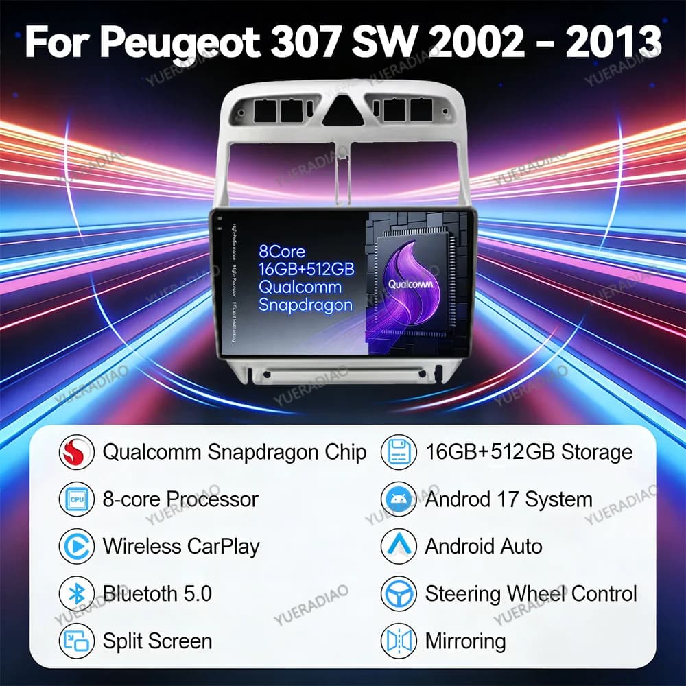 Android 17 Car Radio For Peugeot 307 CC SW 2002 - 2013 Multimedia Stereo Video Player BT Qualcomm Head Unit 2DIN GPS NAVI QLED