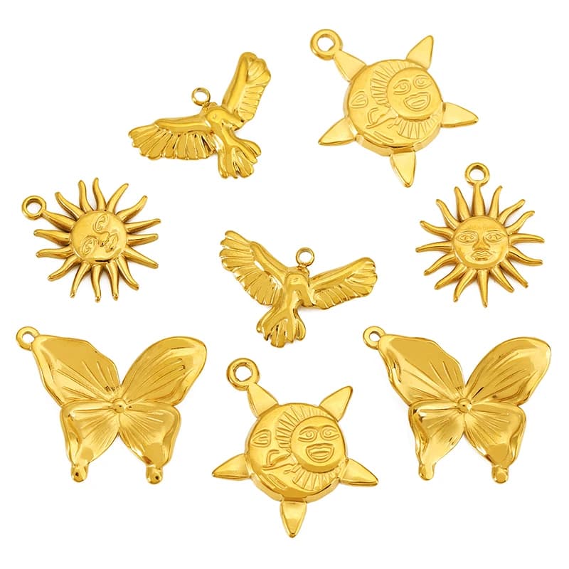 5 pendenti in acciaio inossidabile con farfalla, sole, volto sorridente, adatti per orecchini fai da te, collo, gioielli fai da te, materiali per la creazione di accessori
