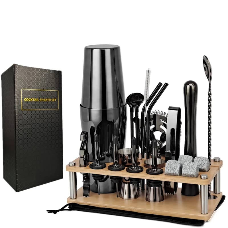 Set di Shaker per Cocktail da Bar con supporto in legno Set di Shaker per strumenti da Bar con Set di barre per Rack in legno