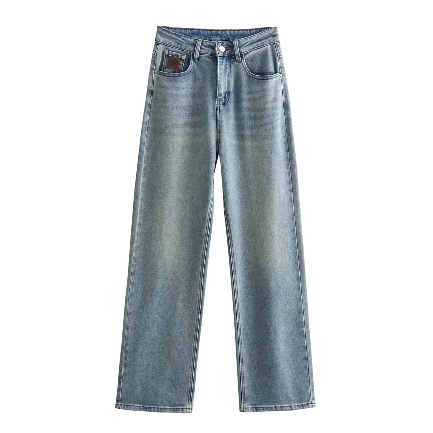 Jeans a gamba dritta con patchwork a vita alta da donna, versatili, modello S4035, pantaloni lunghi, collezione Primavera 2024, denim casual alla moda