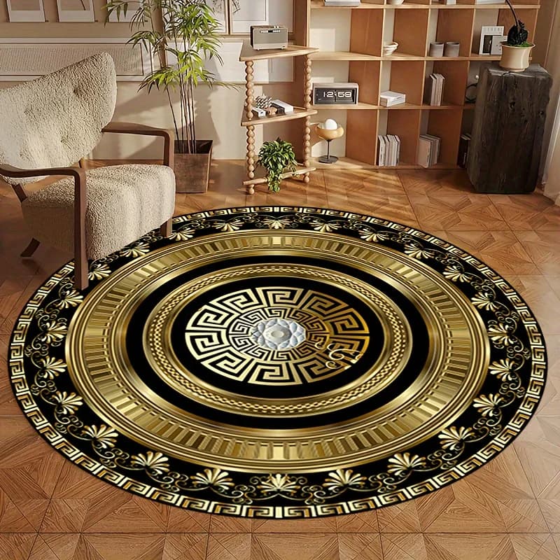 Tappeto Rotondo con Motivo a Chiave Greca, Tappeto in Flanella, Design Classico, Tappeto Decorativo per la Casa, Stile Elegante, Morbido Rivestimento Antiscivolo per Pavimenti