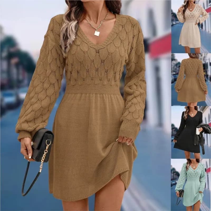 Abito in maglia con motivo a squame autunnali, lavorazione a uncinetto tridimensionale, nuovo modello 2026, scollo a V, gonna a trapezio, abito a maniche lunghe da donna