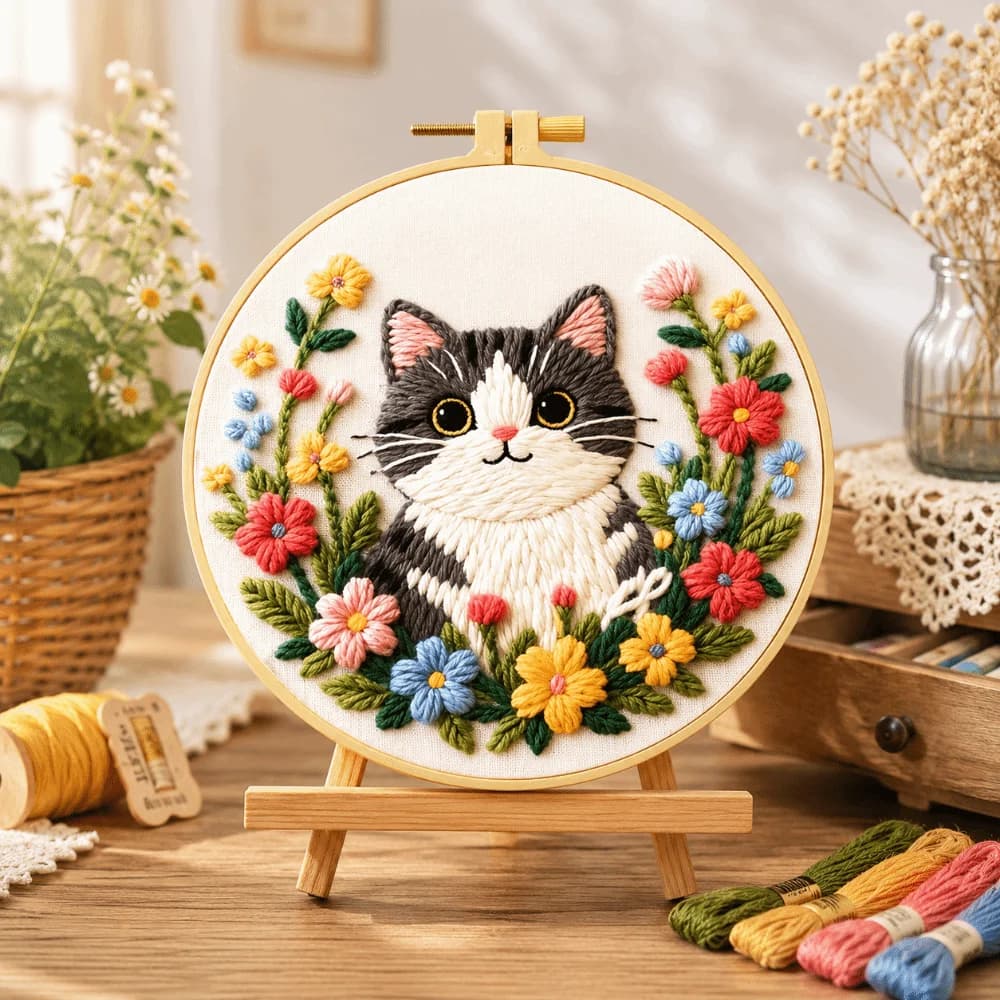 Animal Embroidery DIY Embroidery Kit Cat Colorful Punch Needle Kits Handmade Hand-stitched Flower Sewing Kits Beginners