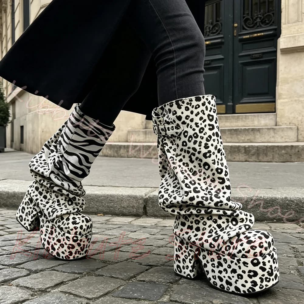 Animal Print Platform Boot Knee High Women Stretch Fabric Shoes Thick Sole Vintage Retro Party Leather Gothic Shoes Fashion New