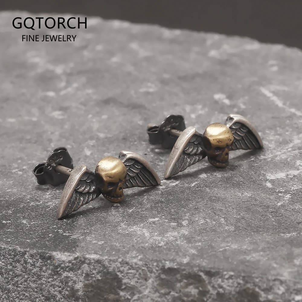 925 Sterling Silver Angel Wing Skull Stud Earrings Gothic Punk Rock Retro Tiny Earrings Trendy Men's Jewelry