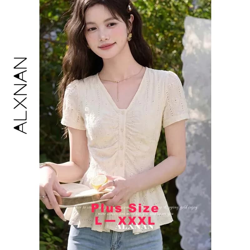 ALXNAN Plus Size Short Sleeve Blouse Embroidery V-neck Front Button Ruched Waist Slim Cotton 100% Casual Women Tops D66309A-1