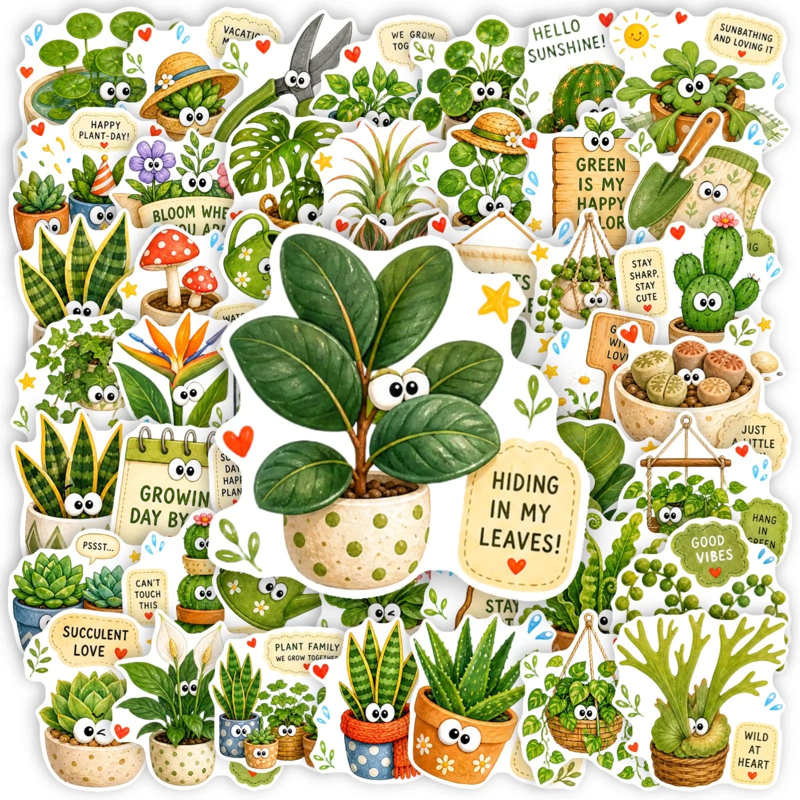 50 PCS Fun Green Plant Potted Personified Expression Stickers Water Cup Notebook Vase Hand Account Material Waterproof Decals