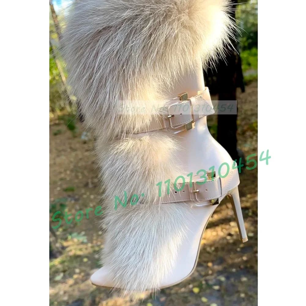 Beige Fur Mid-calf Boots Women Belt Buckle Furry Rivet Wrapped Warm High Heels Shoes Winter Elegant Casual Pointy Toe Chic Shoes