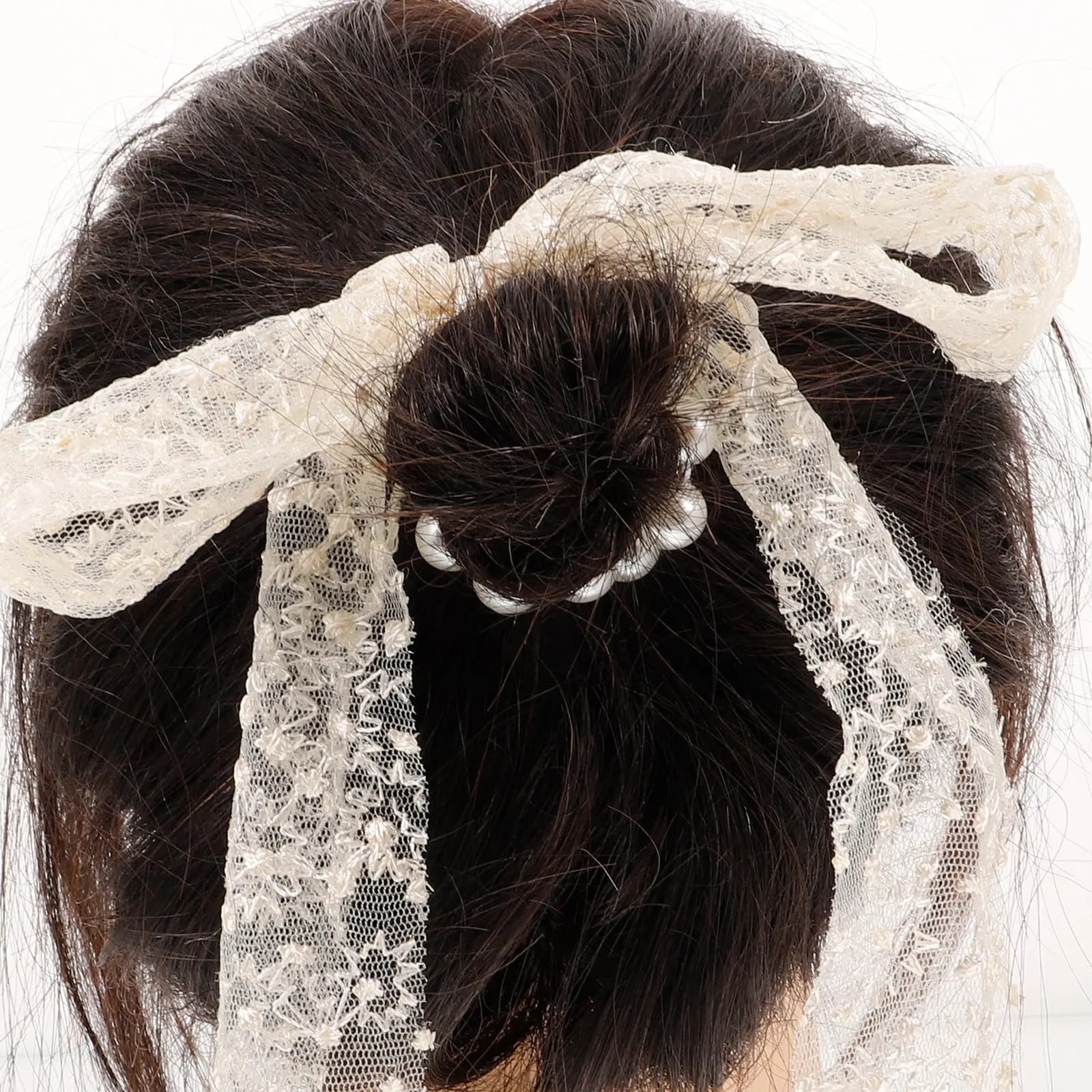 Elegante Elastico per Capelli con Perle, Rete Sognante e Ricami alla Moda, Accessorio per Coda di Cavallo da Donna