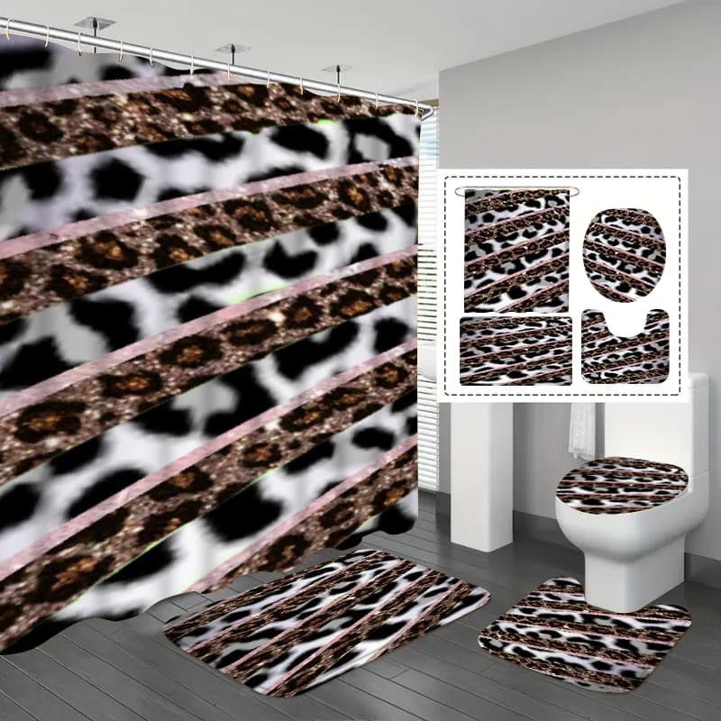 Set di 1/3/4 Pezzi Tenda Doccia a Righe Diagonali con Stampa Leopardata, Impermeabile e Antimuffa, Set Bagno di Lusso Leggero in Quattro Pezzi
