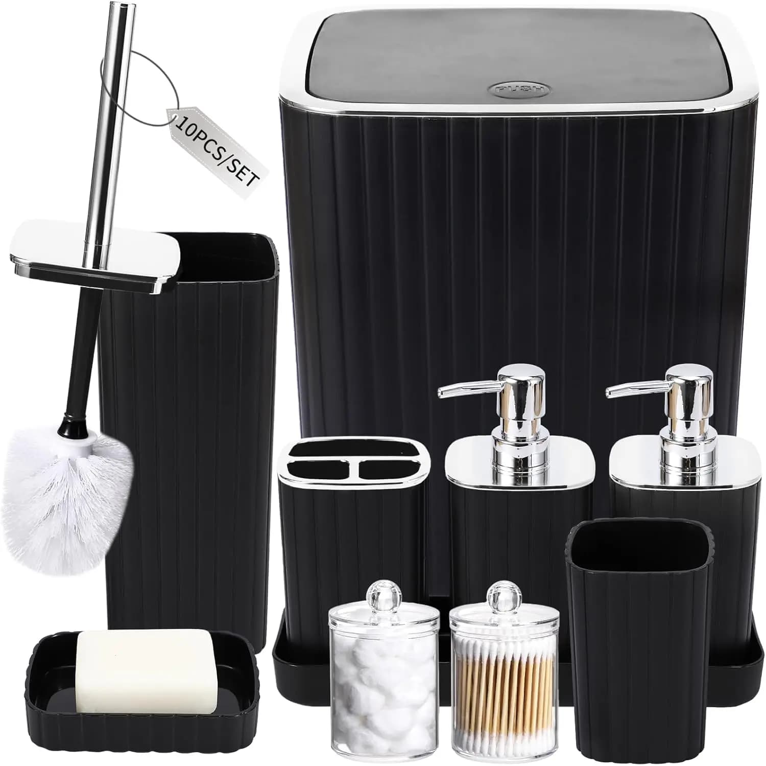 Set di 10 Accessori da Bagno Neri con Spazzola per WC, Cestino, Porta Q-tip e Dispenser Sapone per Arredamento Moderno