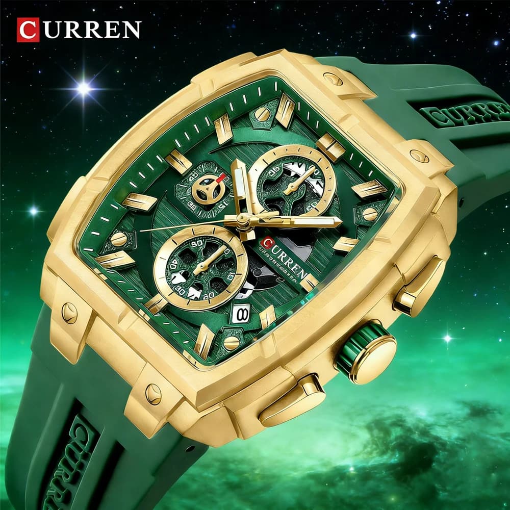 Original CURREN men's watch with silicone strap, multifunctional dial, automatic date, sports design, chronograph.